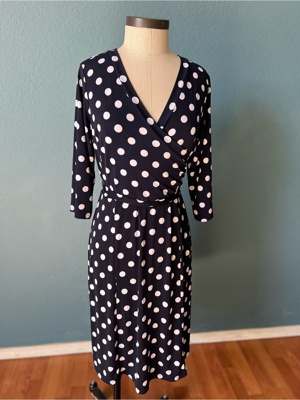 Enfocus‎ Studio Navy Blue and White Polka Dot Wrap Midi Dress